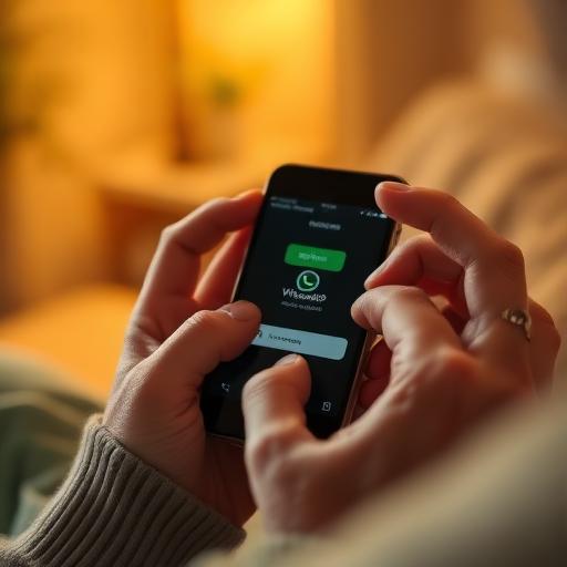 Manos sosteniendo un smartphone con WhatsApp