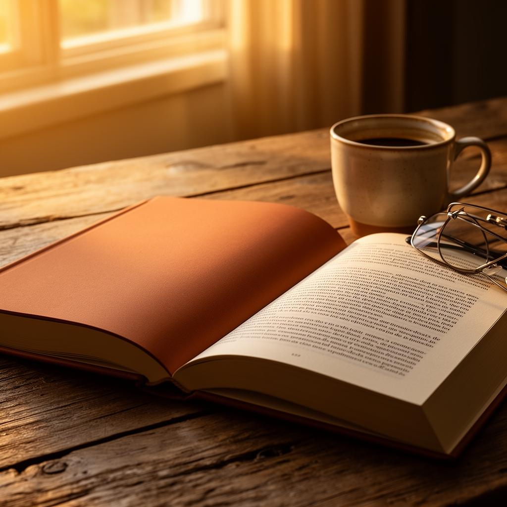 Libro abierto sobre mesa de madera con café y lentes